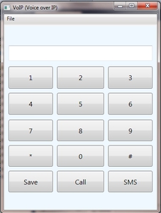 Beispieloberfläche: VoiceOverIP Client’ ‘Oberfläche des VoiceOverIP Clients. Oben horizontal das Telefonnumerneingabefeld, darunter ein 3x4 Block für die Telefontastatur und darunter die Buttons Save, Call und SMS’
